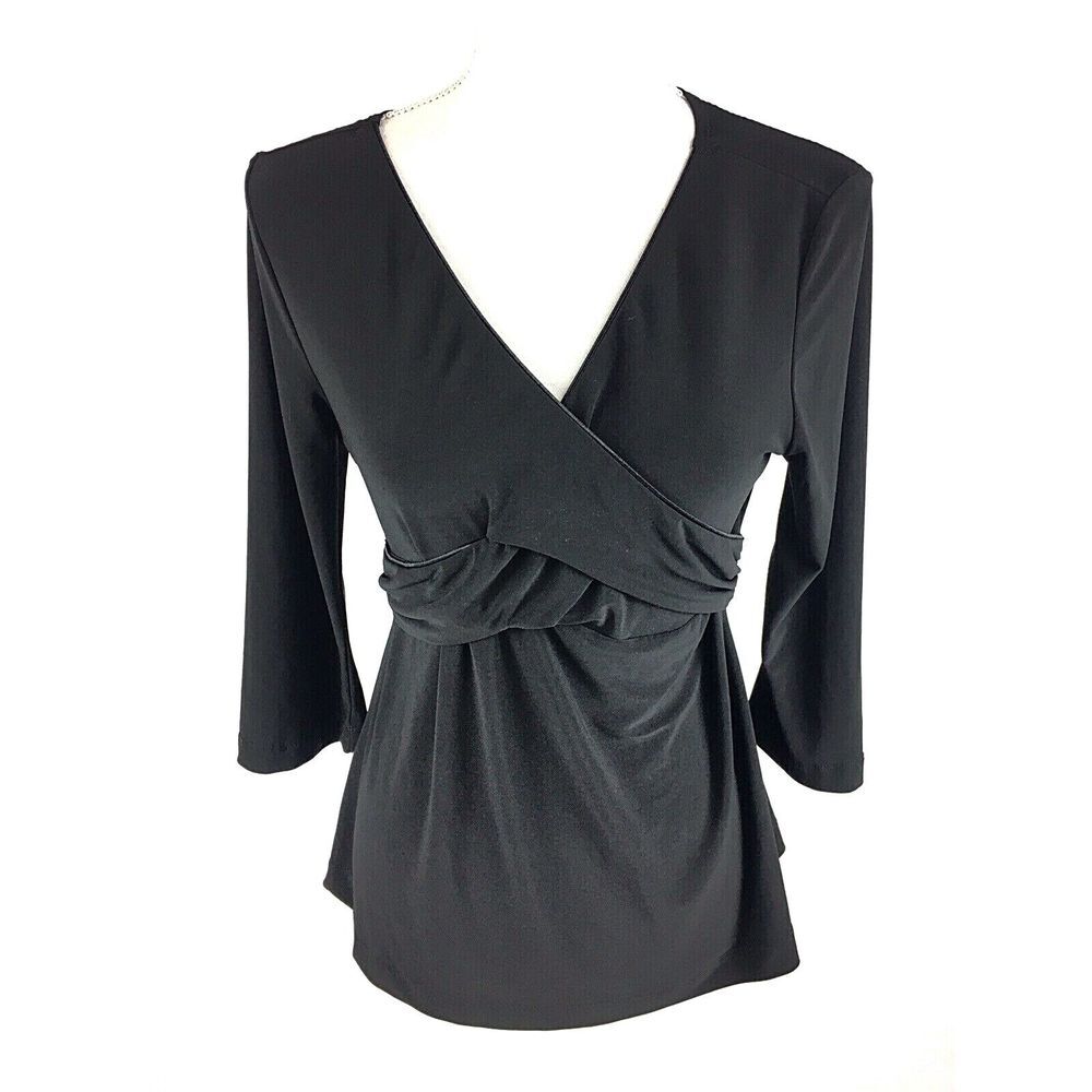JW Japanese Weekend Womens Tie Waist Blouse S‎ Small Black Stretch V-Neck Euc